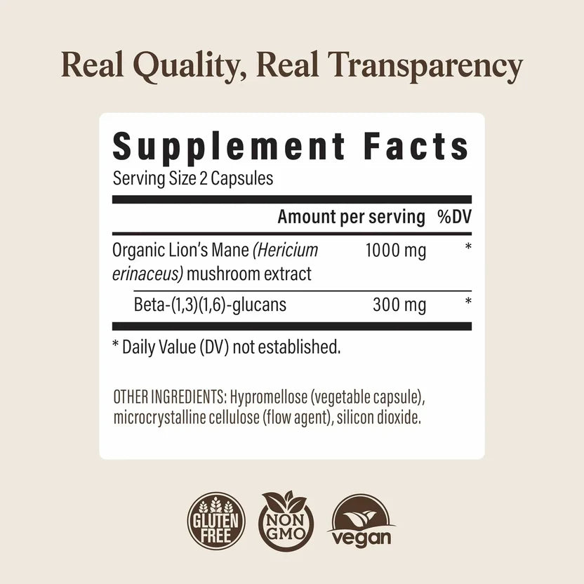 Organic Lion's Mane Mushroom Capsules | Cognitive & Brain Support Supplement | 120 Count