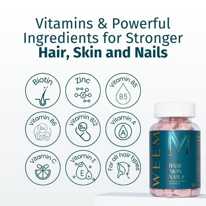 WEEM Hair Skin and Nails Gummies - Supports Healthy Hair - Vegan biotin Vitamins for Women & Men Supports Faster Hair Growth, Stronger Nails, Healthy Skin, Extra Strength (3)