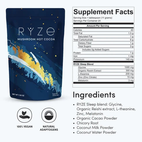 RYZE Mushroom Hot Cocoa with Melatonin, Reishi & L-Theanine, 20 Servings