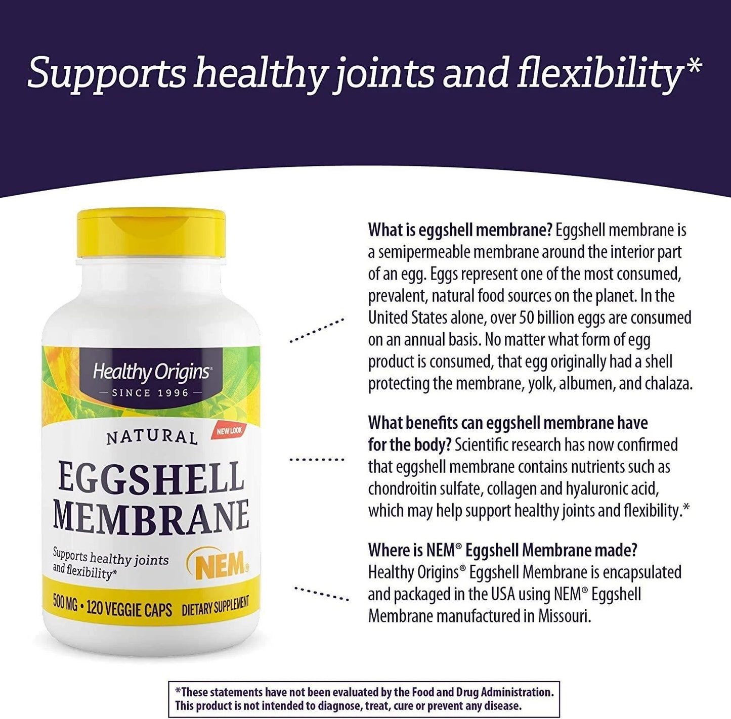 Healthy Origins Natural Eggshell Membrane NEM 500mg 120 Veggie Capsules Joint Support Supplement for Healthy Joints &amp; Flexibility New Sealed