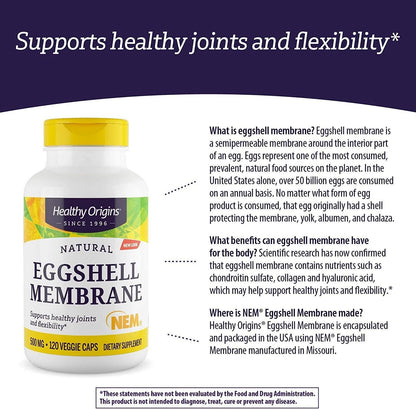 Healthy Origins Natural Eggshell Membrane NEM 500mg 120 Veggie Capsules Joint Support Supplement for Healthy Joints &amp; Flexibility New Sealed