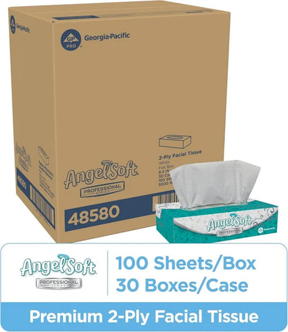 Georgia-Pacific Angel Soft Professional Series 2-Ply Facial Tissue (48580), 100 Sheets Per Box, 30 Tissue Flat Boxes Per Bulk Case