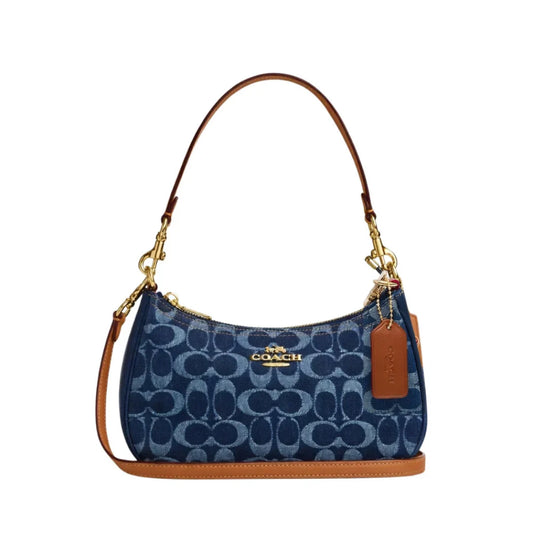 COACH Teri Shoulder Bag CAF82 Signature Denim Blue Vachetta Leather Outlet New