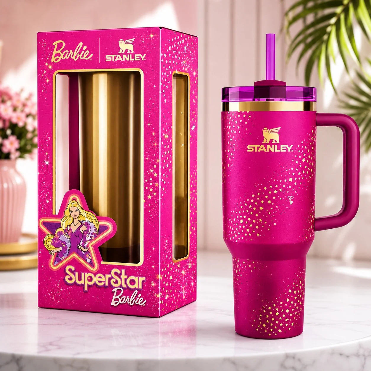 Barbie x Stanley 40oz Tumbler Pink Star Limited Edition Insulated Handle Cup with Straw