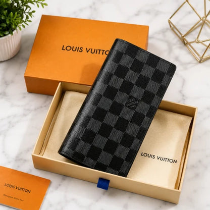Designer LV Leather Men Long Wallet Textured Black