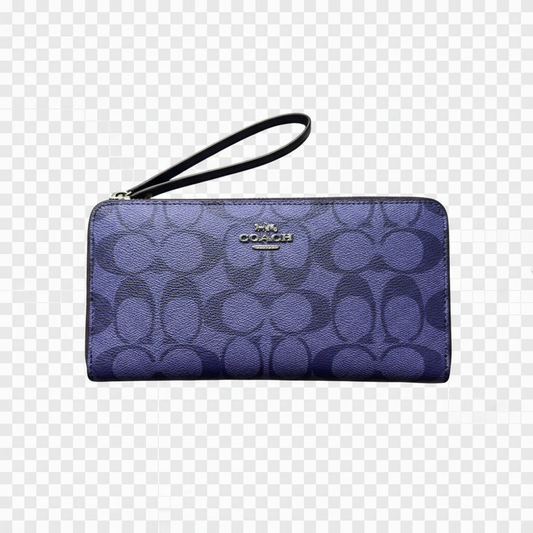 Blue signature-pattern zip wallet with wrist strap on a transparent background
