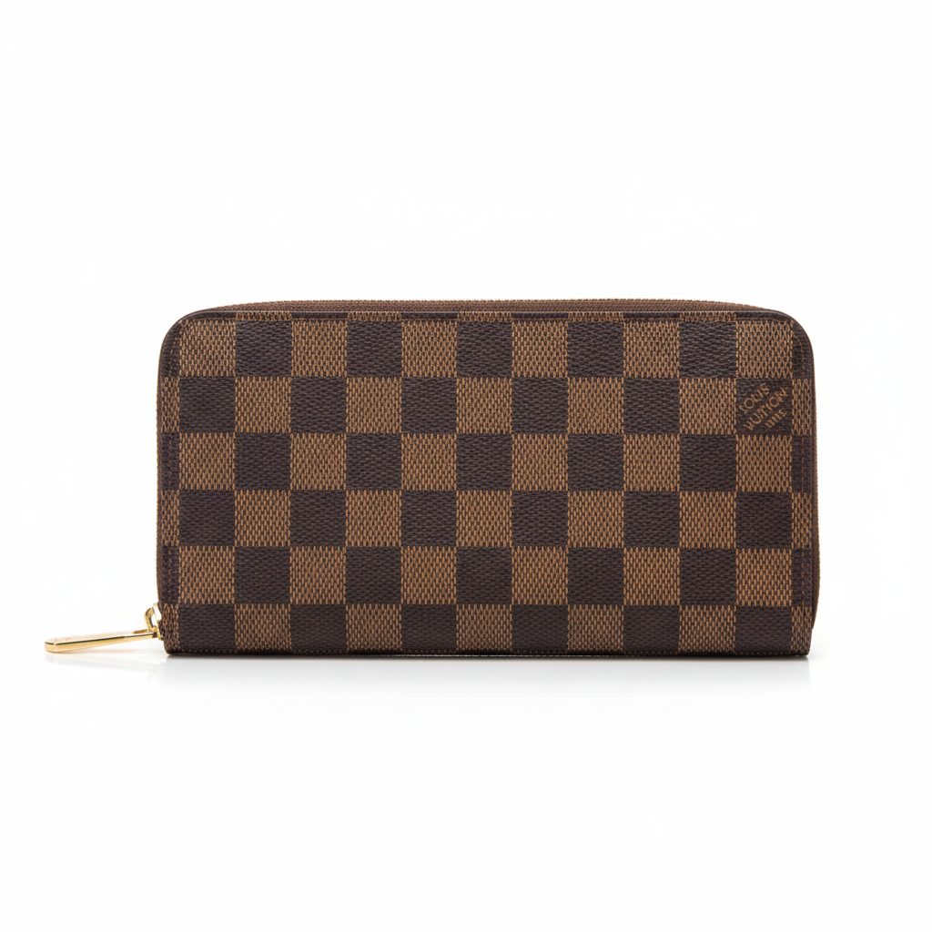 Professional studio image of a brown Louis Vuitton Damier Ebene zip wallet