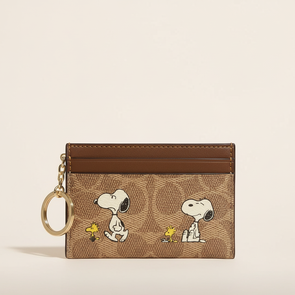 Brown Snoopy and Woodstock card holder with key ring on a clean studio background