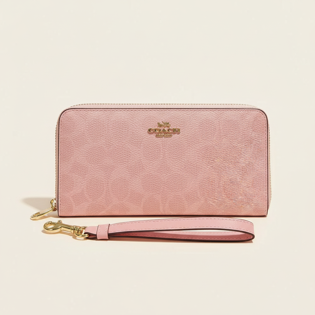 Pink signature-pattern zip wristlet wallet on a clean studio background
