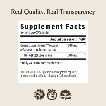 Organic Lion's Mane Mushroom Capsules | Cognitive & Brain Support Supplement | 120 Count