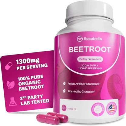 Rosabella Organic Beetroot 1300mg – Boosts Nitric Oxide & Heart Health – 60ct
