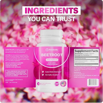 Rosabella Organic Beetroot 1300mg – Boosts Nitric Oxide & Heart Health – 60ct