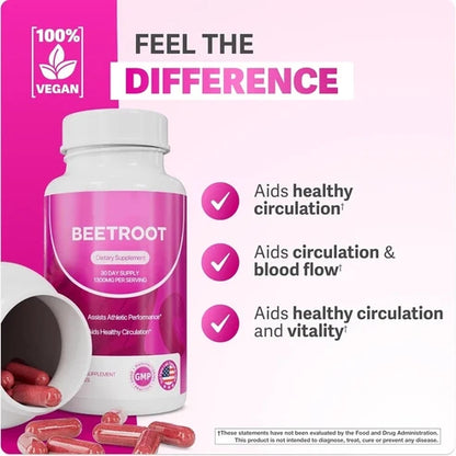 Rosabella Organic Beetroot 1300mg – Boosts Nitric Oxide & Heart Health – 60ct
