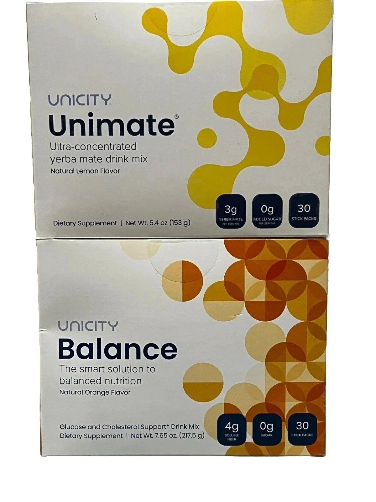 Unicity Unimate Lemon &amp; Unicity Balance Natural Orange Flavor Combo – 30 Stick Packs Each