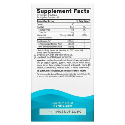 Omega 3 Fish Oil with Vitamin D3 Lemon Flavor 60 Mini Softgels High Strength Formula