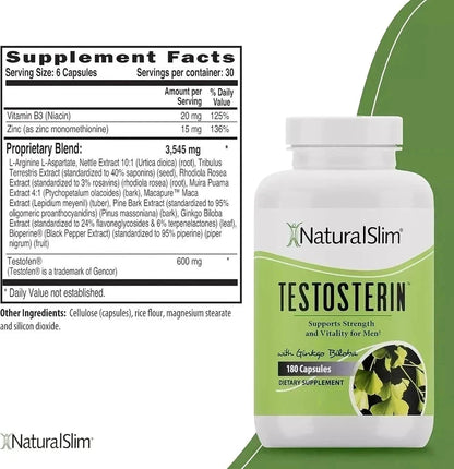 NaturalSlim Testosterin Men’s Multivitamin &amp; Testosterone Support – 180 Capsules