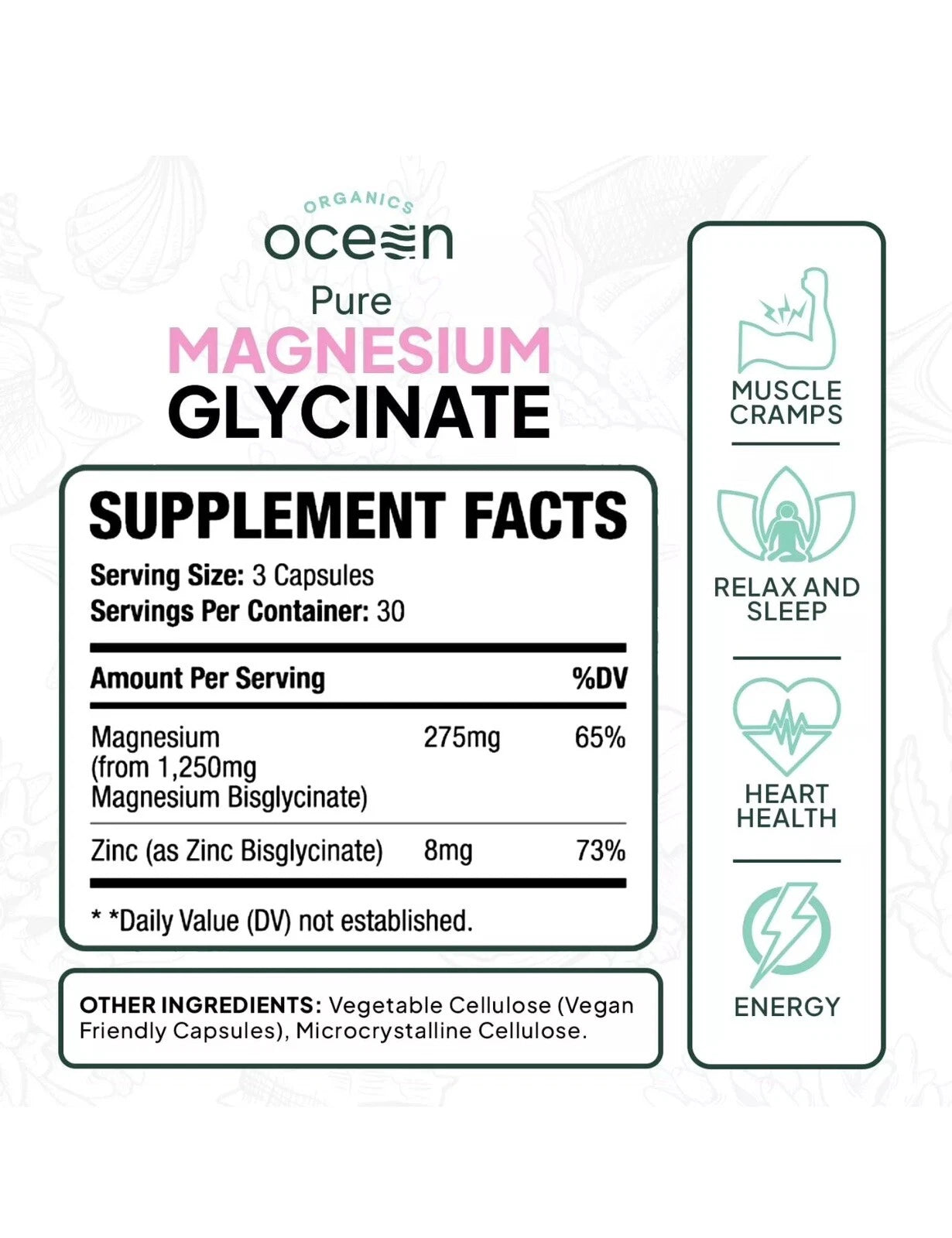 Organics Ocean Pure Magnesium Glycinate + Low Dose Zinc 90 Capsules | Chelated Sleep, Muscle &amp; Relaxation Supplement | 30-Day Supply | New