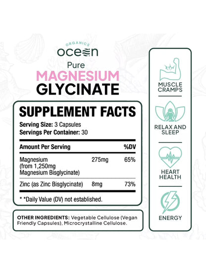 Organics Ocean Pure Magnesium Glycinate + Low Dose Zinc 90 Capsules | Chelated Sleep, Muscle &amp; Relaxation Supplement | 30-Day Supply | New