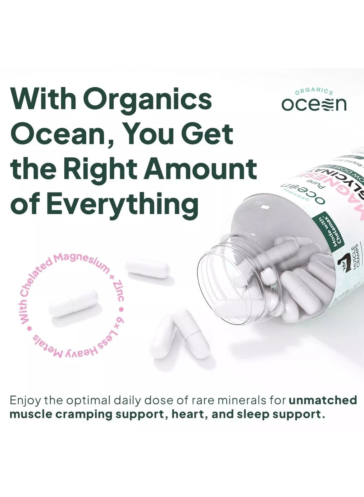 Organics Ocean Pure Magnesium Glycinate + Low Dose Zinc 90 Capsules | Chelated Sleep, Muscle &amp; Relaxation Supplement | 30-Day Supply | New